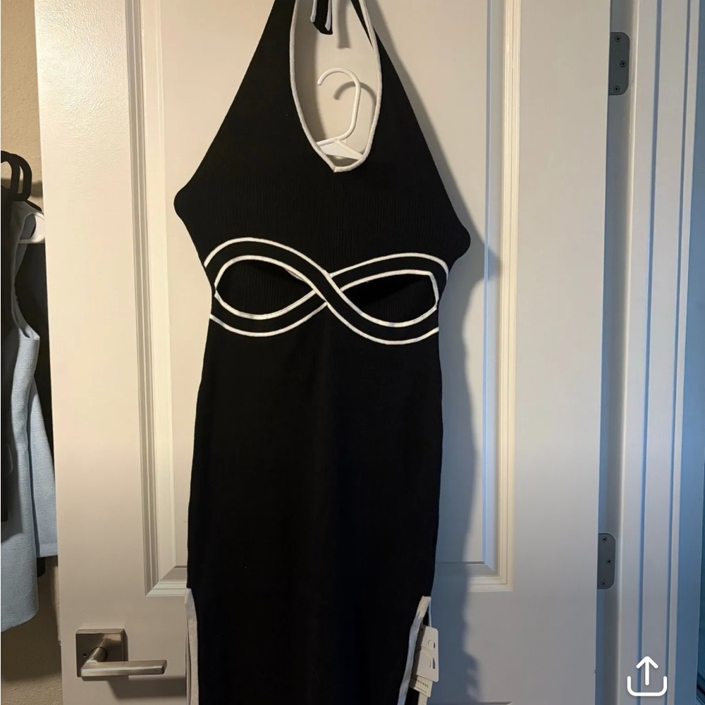Commense Black and White Halter Cut Out Knit Dress